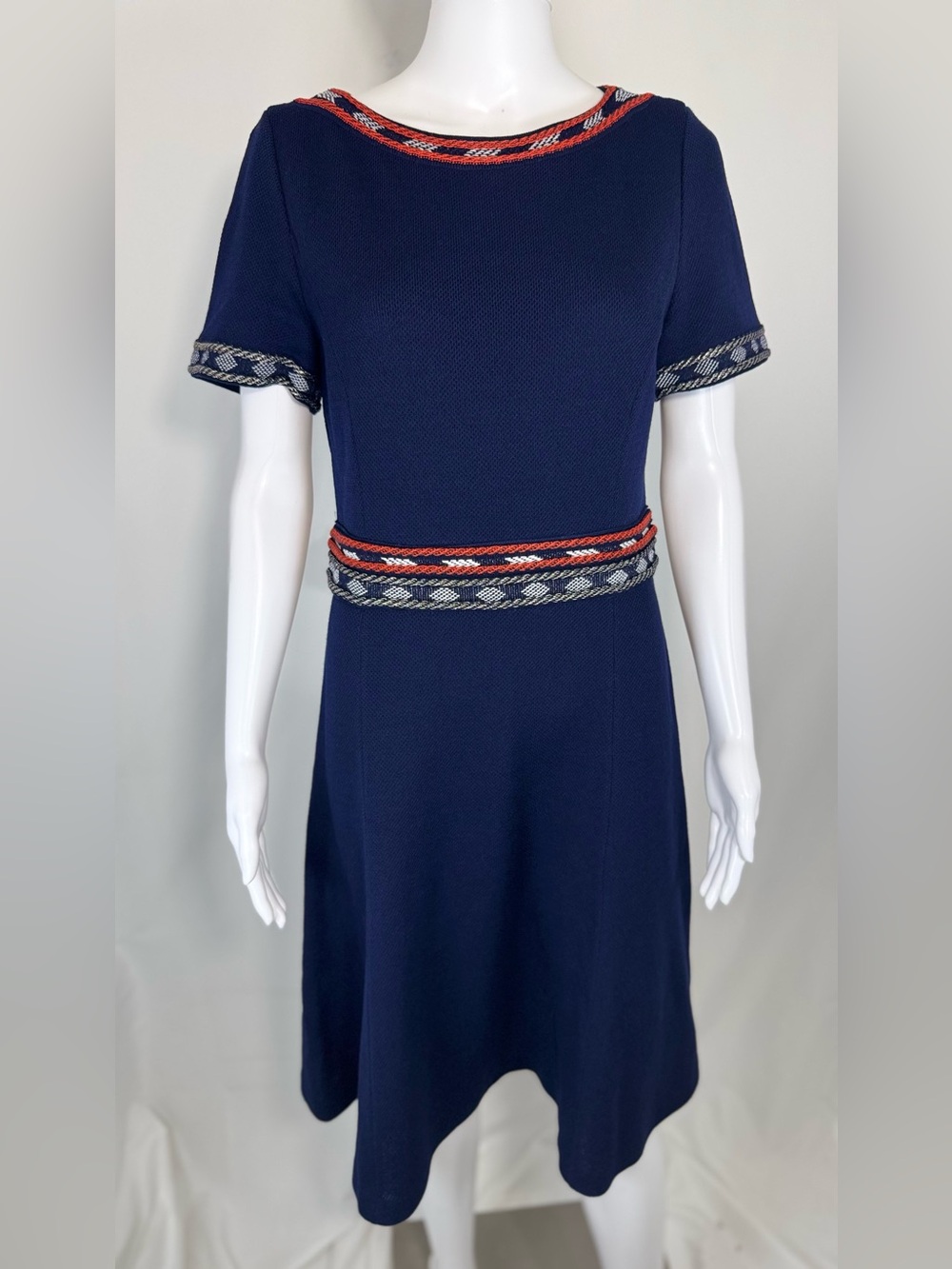 St. John Navy Knit Fit & Flare Dress Geometric Trim Wool Blend Size 8